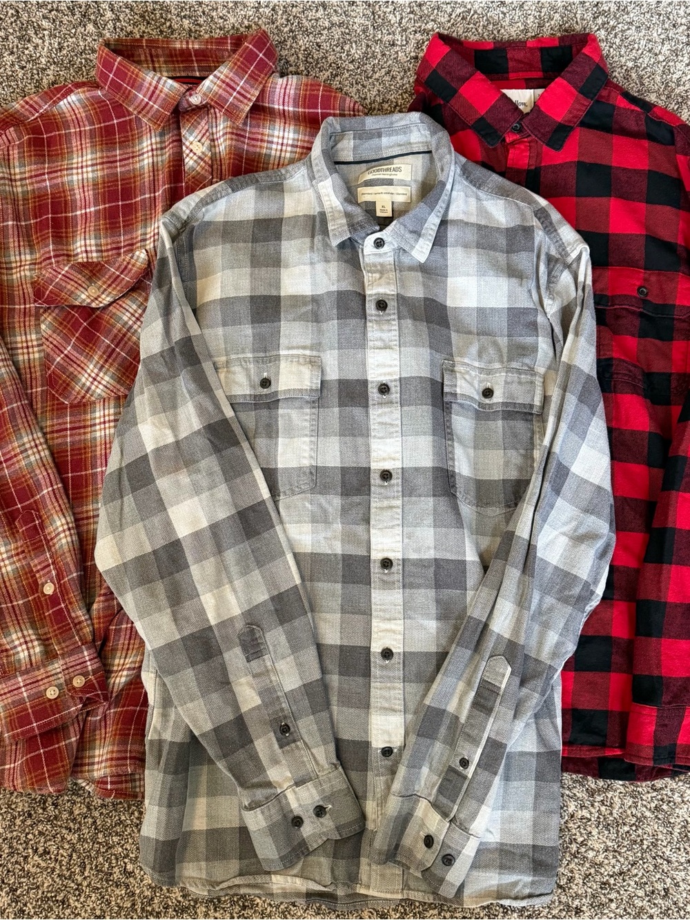 Mens XL Flannel Shirt Lot of 3 Plaid Long Sleeve Button Up Gray Red Fall EUC